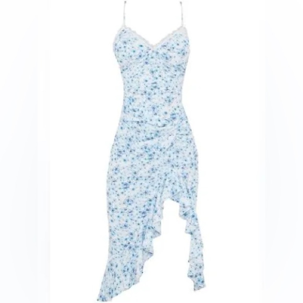 PrettyLittleThing Blue and White Asymmetrical Dress